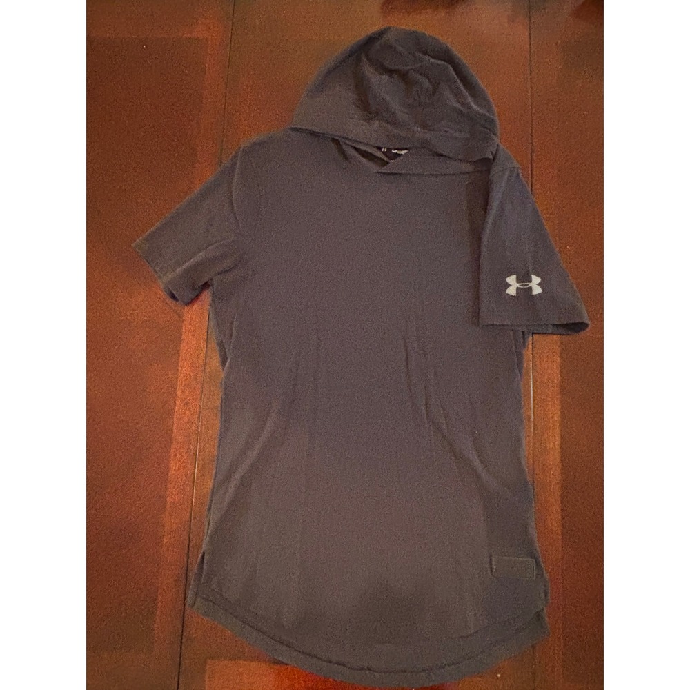 Under Armour HeatGear Mens Small Black Short Sleeve Hoodie Training Shirt Loose